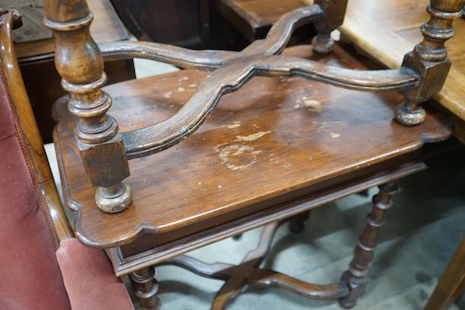 A pair of 18th century style French provincial pine side tables with X shaped stretchers, width 74cm, depth 45cm, height 72cm